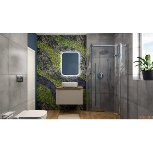 Nowoczesna łazienka z szarymi płytkami podłogowymi, prysznicem, umywalką i lustrem.