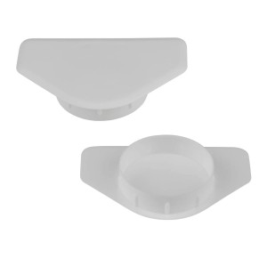 Biała zaślepka śruby meblowej t.b.t., dwa różne kształty.