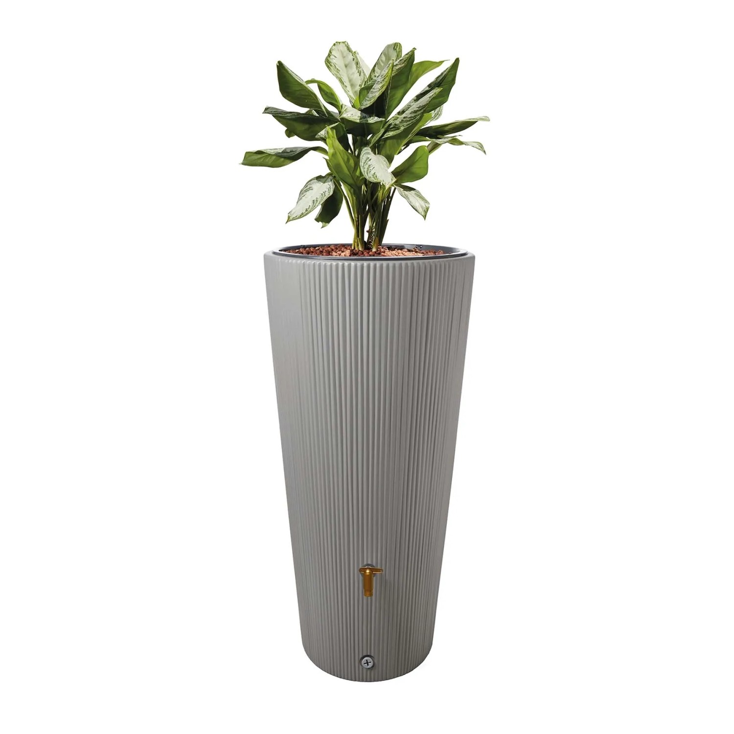 4rain VASO DECOR zbiornik na deszczówkę w kolorze szarości cynku z rośliną. Nowoczesna beczka na deszczówkę o pojemności 220 l.