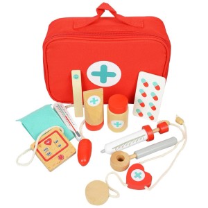 Drewniany zestaw małego lekarza z czerwoną torbą i akcesoriami medycznymi dla dzieci.