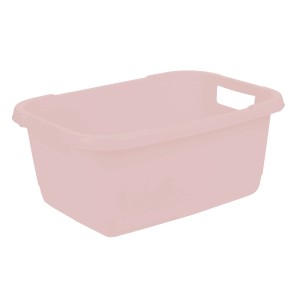 Różowa plastikowa wanienka do sprzątania z uchwytami na akcesoria.