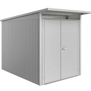 Metalowy domek narzędziowy Biohort AvantGarde A3, srebrny metalik z podwójnymi drzwiami. Solidny domek ogrodowy.