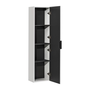 Otwarta, wysoka szafka łazienkowa w kolorze białym i antracytowym z trzema półkami.