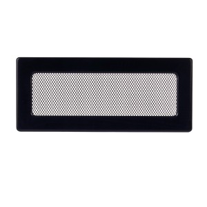 Czarna, prostokątna kratka wentylacyjna do kominka z drobną siatką.