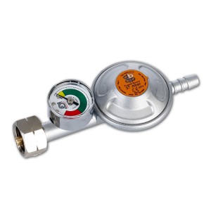 Reduktor ciśnienia do akcesoriów kominkowych, srebrny z manometrem.