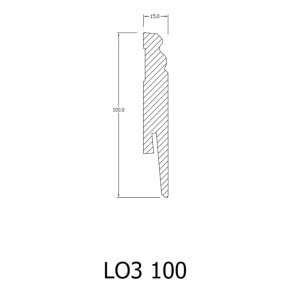 Rysunek techniczny: listwa przypodłogowa t.b.t. LO3 100 o wymiarach 100 x 15 mm.