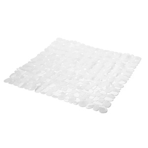 Biała mata łazienkowa z wzorem kamyków.