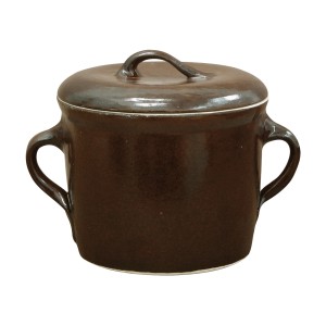 Brązowy garnek z pokrywką i uchwytami do uprawy winorośli i przetwórstwa.