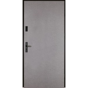 Szare drzwi zewnętrzne t.b.t. z czarną ramą i klamką.