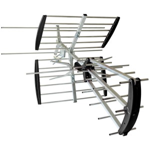 Srebrna antena TV z czarnymi elementami dla optymalnego odbioru.