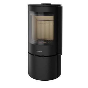 Czarny piec kominkowy t.b.t. z szybą, zapewniający przytulne ciepło w salonie.