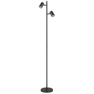 Czarna lampa podłogowa t.b.t. z dwoma regulowanymi reflektorami do oświetlenia salonu.