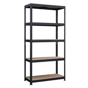 Czarny regał t.b.t. z pięcioma półkami do przechowywania i organizacji.