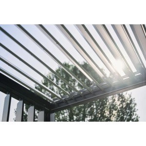 Pergola Biohort w kolorze kwarcowy szary metalik, otwarte lamele, widok z dołu na niebo.