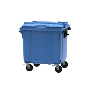 Niebieski pojemnik na odpady z pokrywą i kółkami do utylizacji.