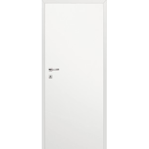 Białe drzwi wewnętrzne z srebrną klamką.