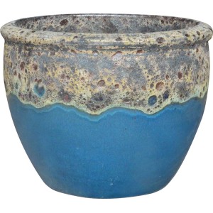 Niebiesko-brązowa doniczka z teksturowaną powierzchnią.