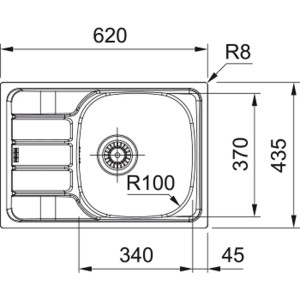 Rysunek techniczny zlewozmywaka ze stali nierdzewnej z wymiarami.