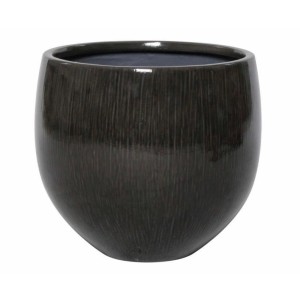 Ciemnoszara, okrągła doniczka t.b.t. o delikatnej strukturze.