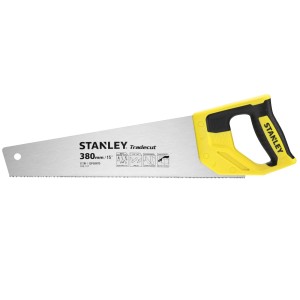 Piła ręczna Stanley z żółto-czarną rękojeścią, brzeszczot 380 mm do obróbki drewna.