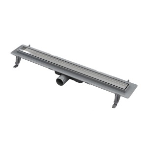 Szary odpływ liniowy t.b.t. do kabin typu walk-in z odpływem i nóżkami montażowymi.