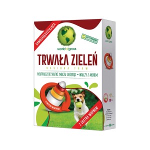 Opakowanie nasion trawy Trwała Zieleń od World of Grass. Idealne na wytrzymałe tereny zielone.