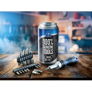 Zestaw narzędzi LUX-TOOLS w puszce, 18 elementów ze śrubokrętem i różnymi bitami.