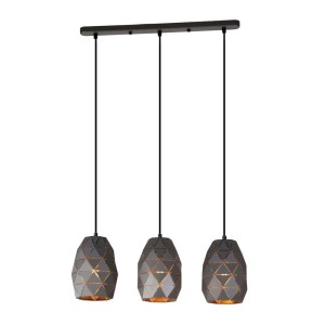 Nowoczesna lampa wisząca z trzema szarymi kloszami o geometrycznym wzorze.