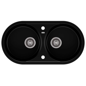 Czarny zlewozmywak granitowy t.b.t. z dwiema komorami o okrągłym kształcie.