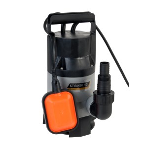 Szaro-czarna pompa zanurzeniowa z wyłącznikiem pływakowym i przyłączem węża.