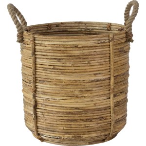 Okrągła doniczka na zioła t.b.t. z rattanu z uchwytami ze sznura.