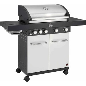 t.b.t. Grill gazowy z pokrywą ze stali nierdzewnej i bocznymi stolikami.