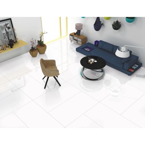 Jasny salon z białymi płytkami podłogowymi t.b.t. Nowoczesny design.