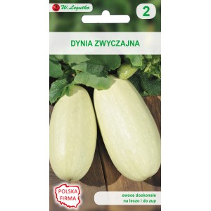 Opakowanie nasion dyni zwyczajnej 't.b.t.' z dyniami i liśćmi.