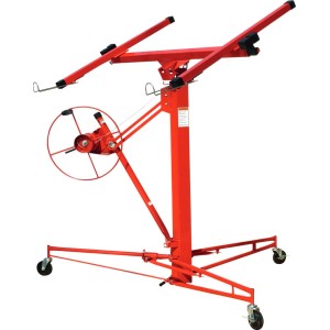 Czerwony podnośnik do płyt gipsowo-kartonowych, mobilny stojak montażowy do płyt gipsowych.