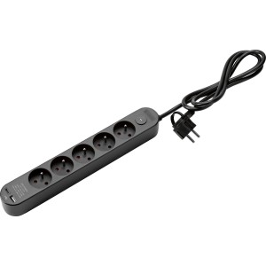 Czarna listwa zasilająca t.b.t. z 5 gniazdami Schuko i portami USB.