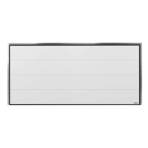 Biała brama garażowa t.b.t. z poziomym przetłoczeniem.