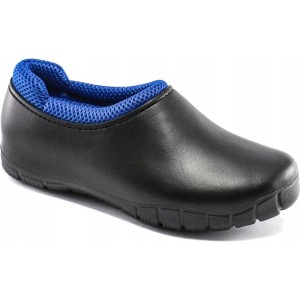 Czarne buty ogrodowe z niebieską wyściółką dla kobiet i mężczyzn.