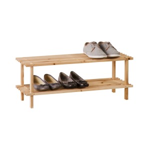 Drewniany regał na buty OBI z 2 półkami z drewna sosnowego, z butami.