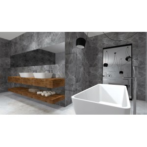 Nowoczesna łazienka z szarymi płytkami podłogowymi t.b.t. imitującymi marmur.