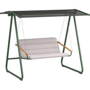Zielona huśtawka ogrodowa z szarą poduszką na siedzisko i daszkiem przeciwsłonecznym. Relaks w ogrodzie.