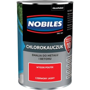 Puszka czerwonej farby NOBILES Chlorokauczuk do metalu i betonu o wysokim połysku.