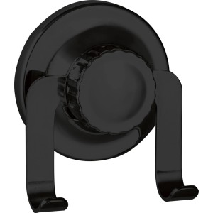 Czarny haczyk łazienkowy z przyssawką do montażu na ścianie.