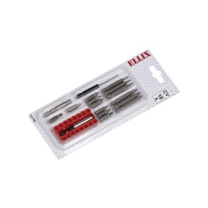 18-częściowy zestaw wkrętaków i wierteł z bitami, wiertłami i uchwytem magnetycznym w blistrze.