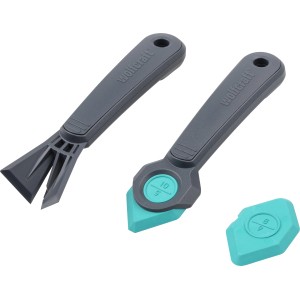 wolfcraft 4-częściowy zestaw do naprawy fug: skrobak do fug, 2 wygładzacze do fug i uchwyt na akcesoria do płytek.