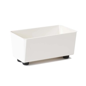 Biała skrzynka na kwiaty t.b.t. z małymi nóżkami do użytku wewnętrznego.