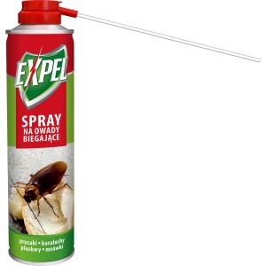 Spray Expel na mrówki i owady biegające. Puszka z rozpylaczem i wizerunkiem karalucha.