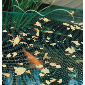 Siatka na oczko wodne 5x4m nad oczkiem z liśćmi i Koi, z kotwami do ochrony przed liśćmi.