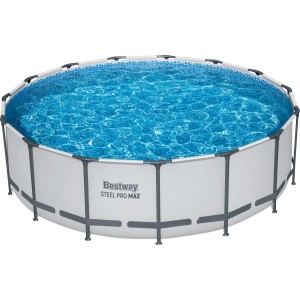 Okrągły basen Bestway ze stalową ramą, wypełniony niebieską wodą.