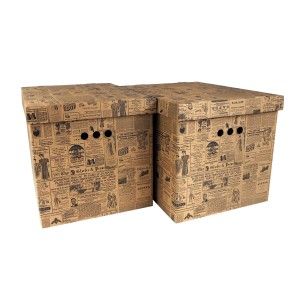 Dwa kartonowe pudełka z pokrywkami, wzór gazety, do przechowywania i organizacji.